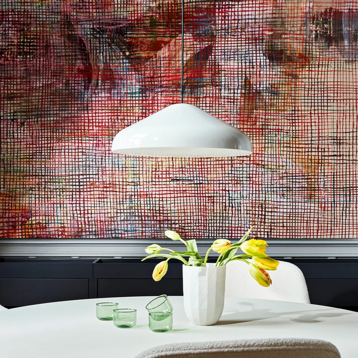 The Pao Steel pendant lamp, Ø 47 x H 16.25 cm, cream by HAY above a decorated dining table