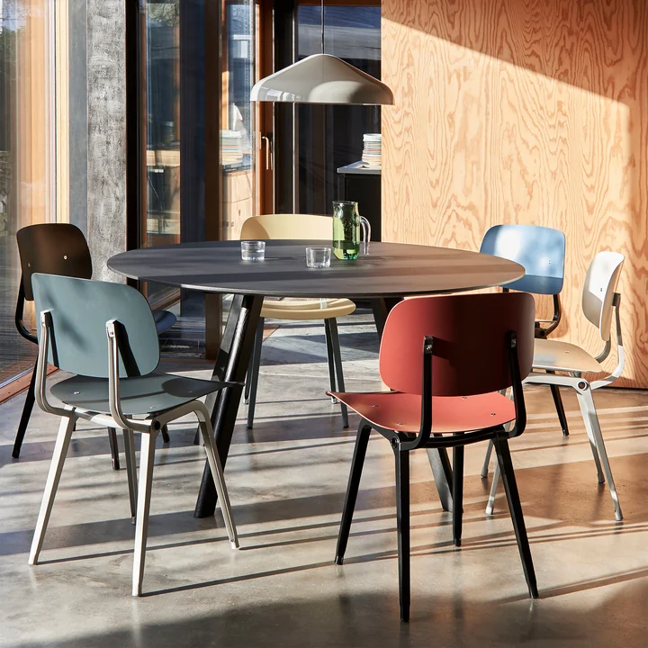 The Revolt Chair by HAY in its various versions around a round table