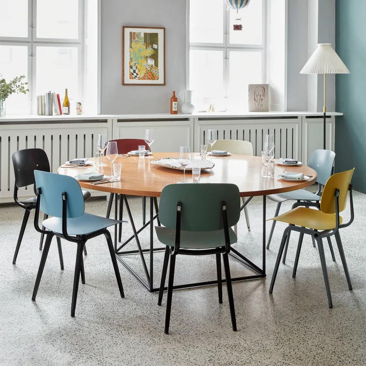 The Revolt Chair by HAY in its various versions in the dining room