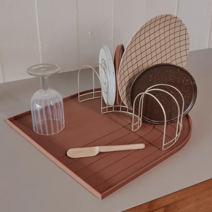 The OYOY draining mat and rack on the kitchen unit