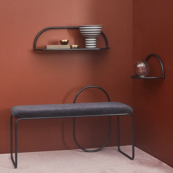 The Angui bench from AYTM in combination with black Angui wall shelves from AYTM