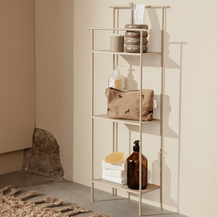 The Dora bathroom shelf from Ferm Living in cashmere with bathroom accessories