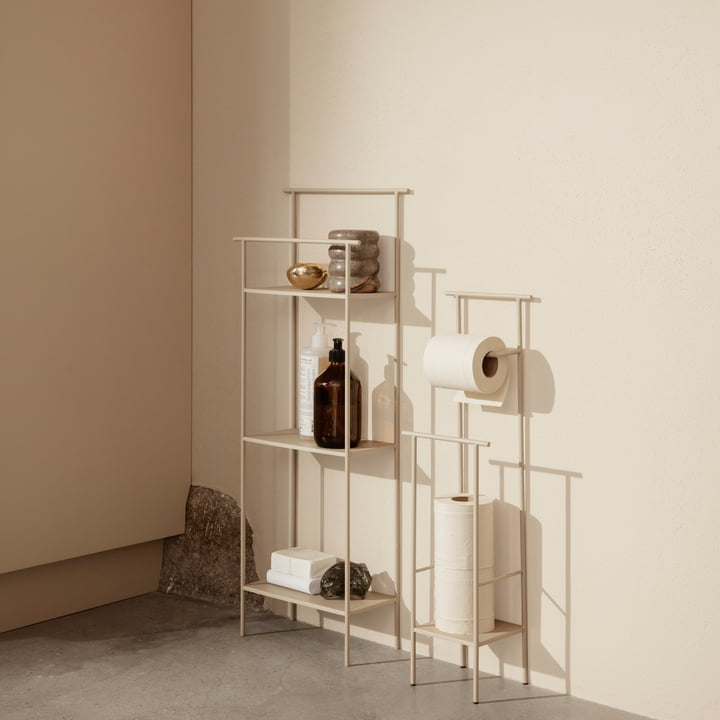 The Dora toilet roll holder from ferm Living in cashmere next to the Dora bathroom shelf