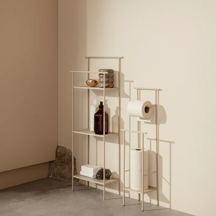 The Dora toilet roll holder from Ferm Living in cashmere next to the Dora bathroom shelf