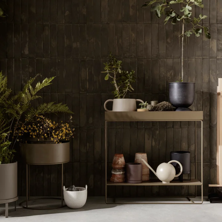The Plant Box from Ferm Living with 2 levels with plants, pots and other gardening utensils