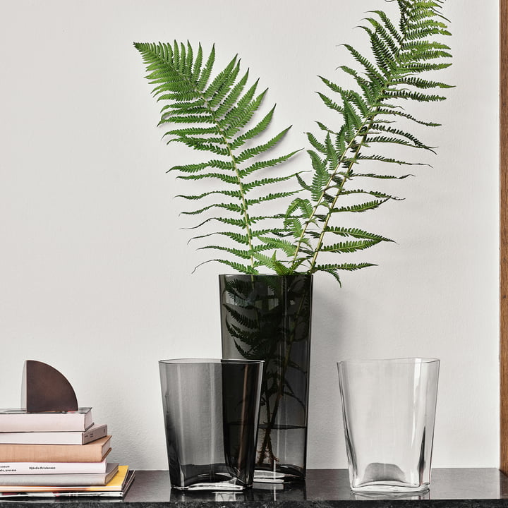 The Collect vase from & tradition in smoke with fern next to a pile of books