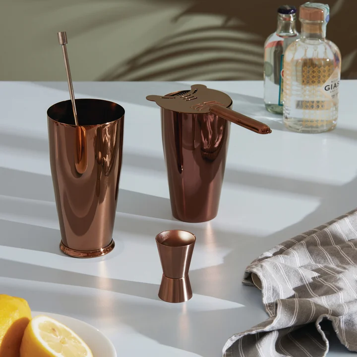 The Boston cocktail set from Alessi in copper was designed by Ettore Sottsass and Alberto Gozzi