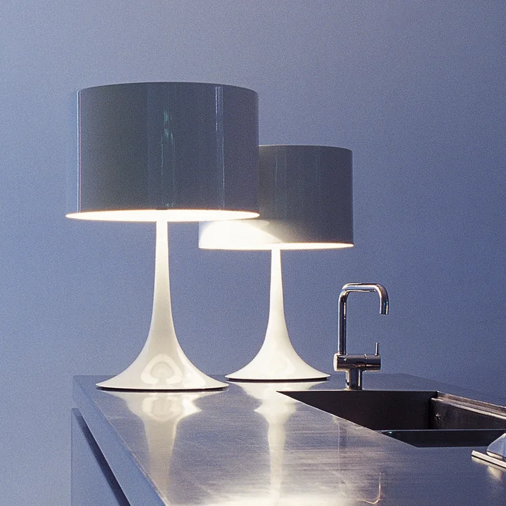 The Spun Light T1 and T2 from Flos in white on the work surface in the kitchen