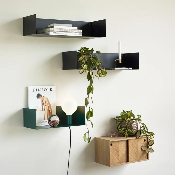 The wall storage of Hübsch Interior with plants next to other shelves