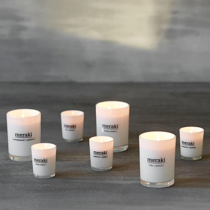 The differently sized scented candles from Meraki
