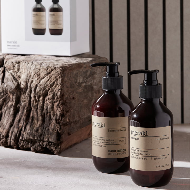 The Northern Dawn hand soap and hand lotion from the gift box from Meraki