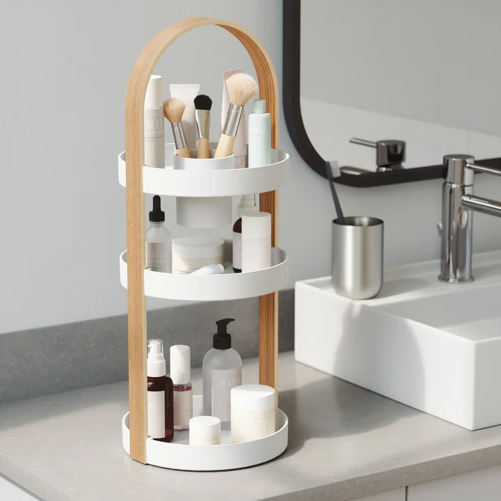 The Bellwood organizer from Umbra in white / natural at the washbasin in the bathroom