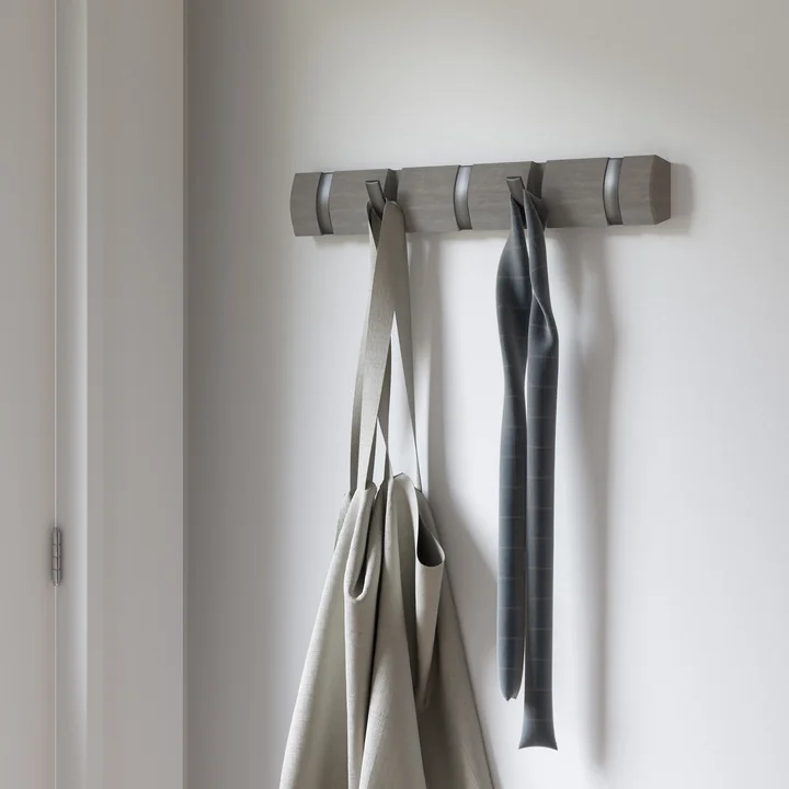 The Flip Hook 5-seater coat rack from Umbra with bag and scarf
