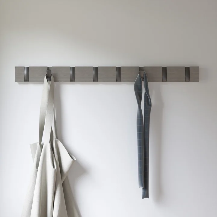 The Flip Hook 8er Cloakroom rail from Umbra with bag and umbrella