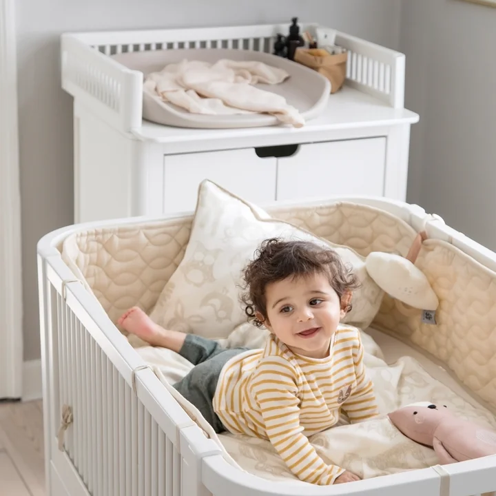 The quilted baby cot nest from Sebra in a white crib