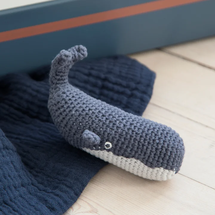Crochet rattle whale from Sebra in blue