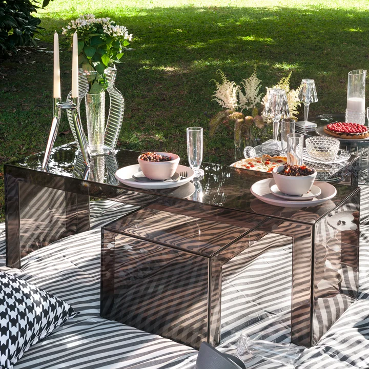 I Shine vase, Battery table lamp and Trama tableware by Kartell