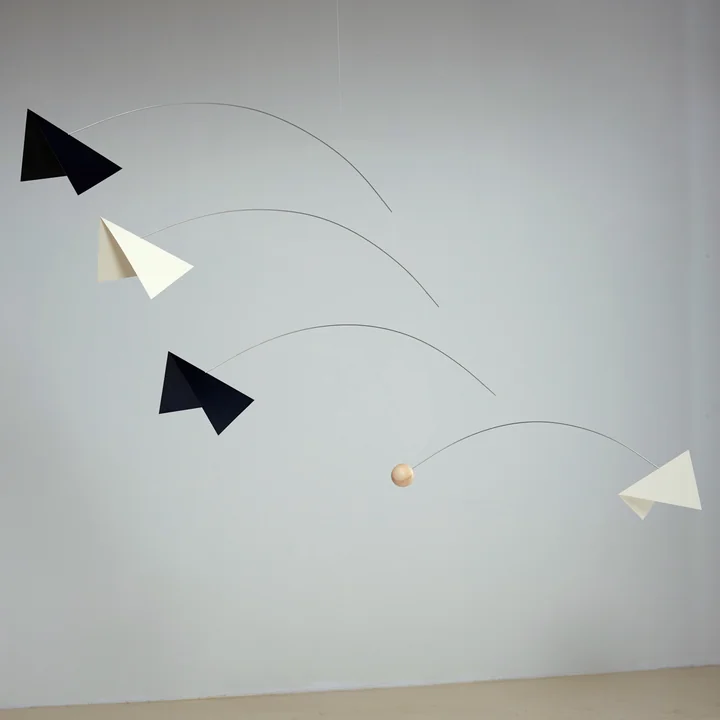 Mysterious mobile made of stainless steel and wood