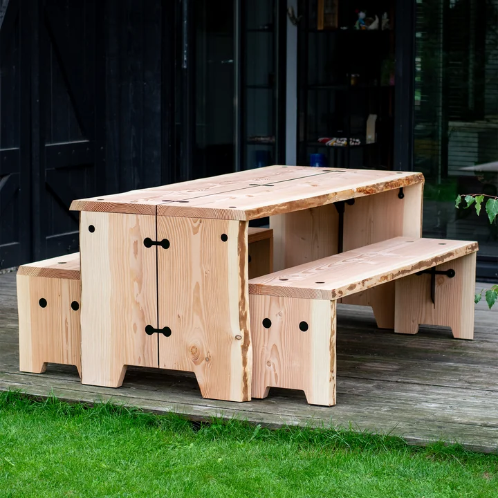 The Forestry garden furniture from Weltevree on a large wooden terrace