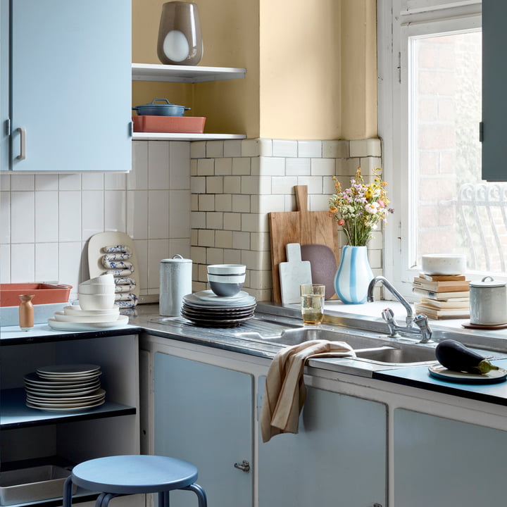 The Ada Stripe vase from Broste Copenhagen on the windowsill in the kitchen