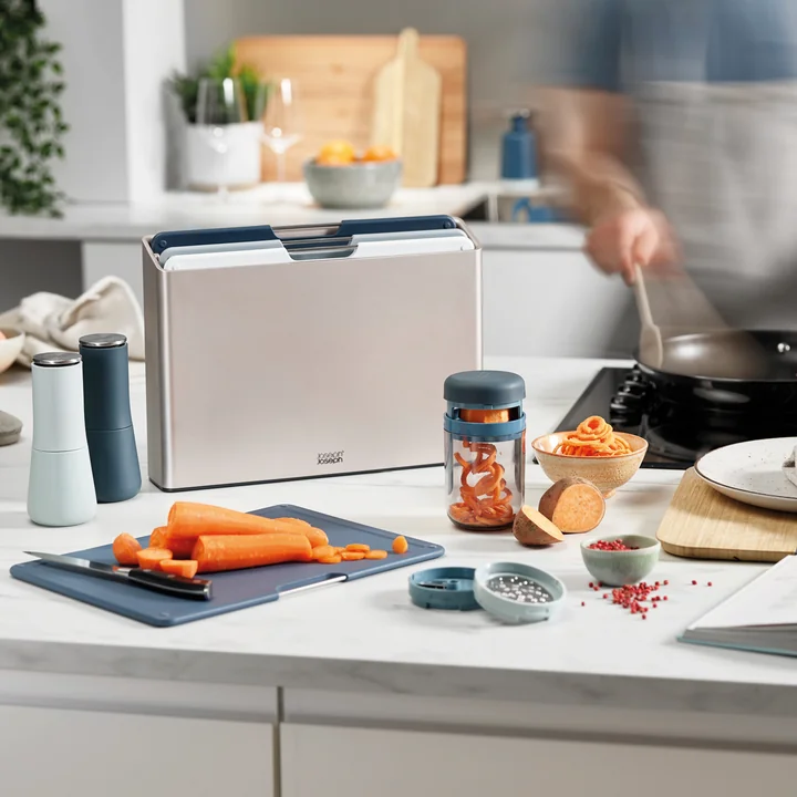 The blades can be stored in the Spiro Spiral cutter from Joseph Joseph can be stowed away