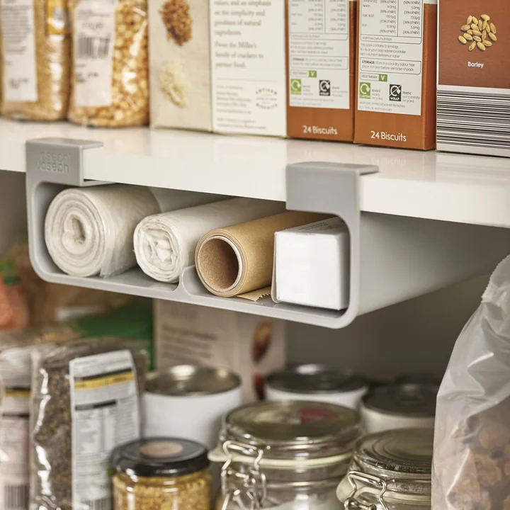 The CupboardStore organizer on the underside of the shelf with castors