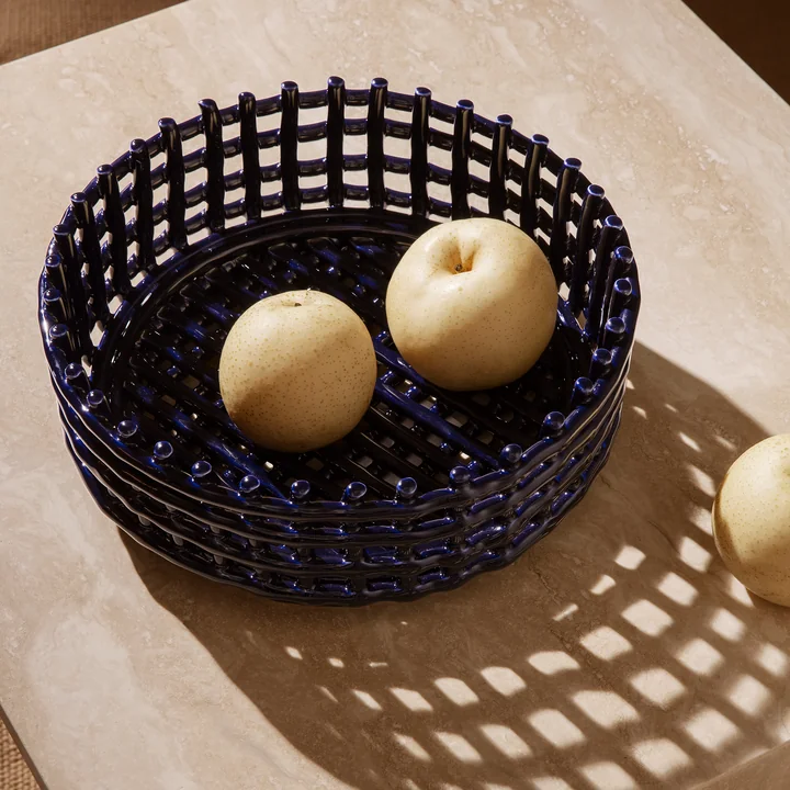 The blue ceramic Centerpiece from Ferm Living has a sophisticated touch
