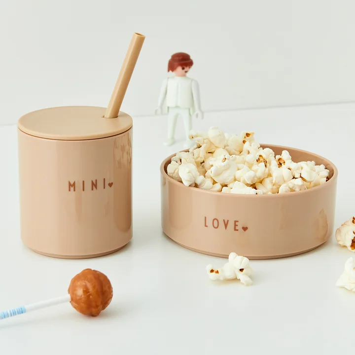 The AJ Mini Favourite Tritan cup and bowl from Design Letters with popcorn