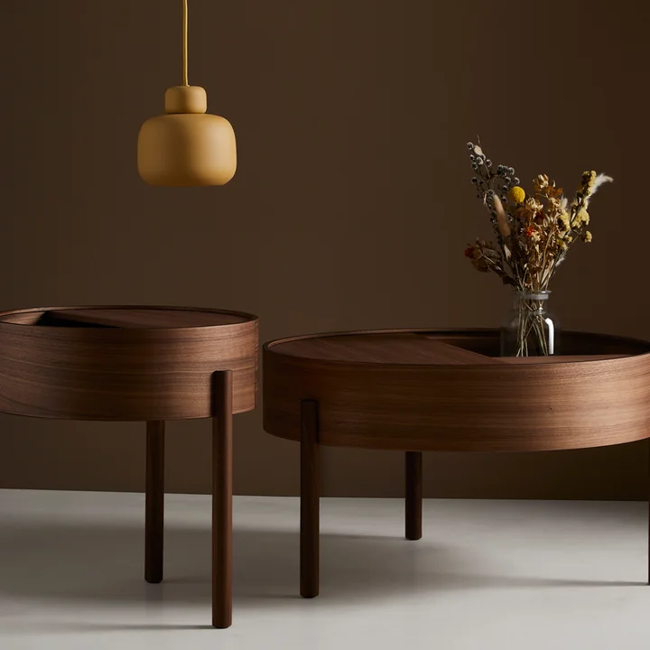 Arc table from Woud in walnut and Stone Pendant lamp in mustard