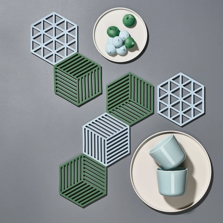 The Hexagon and Triangle coasters from Zone Denmark in sky and cactus