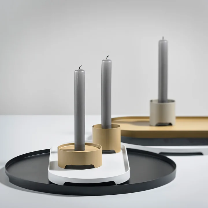 The Singles metal candle holders on the Singles metal trays from Zone Denmark