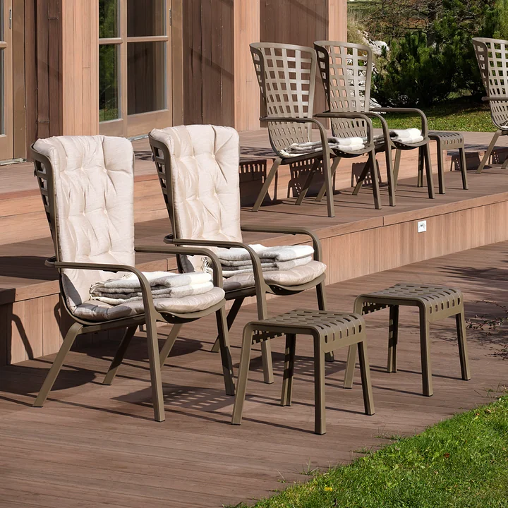 The Folio armchair, the Poggio stool and the seat cover from Nardi in the contract sector.