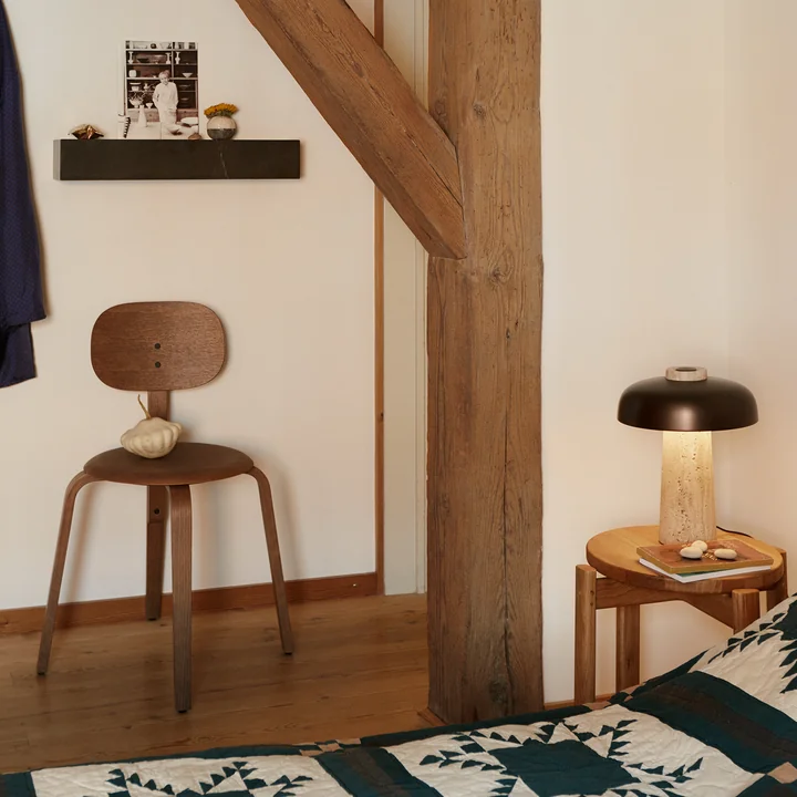 The Afteroom Dining Chair-Plywood and the Reverse table lamp from Audo in the bedroom