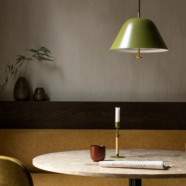 The Levitate pendant lamp and Duca candlestick from Audo in matching shades of green