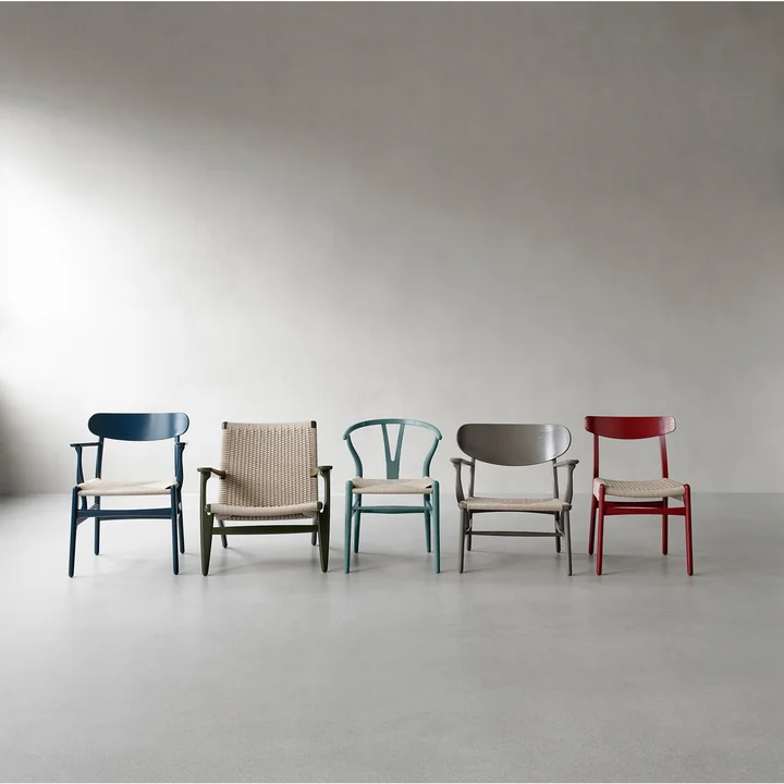 The CH22, CH23, CH24, CH25, CH26 chairs from Carl Hansen in new colors by Ilse Crawford.