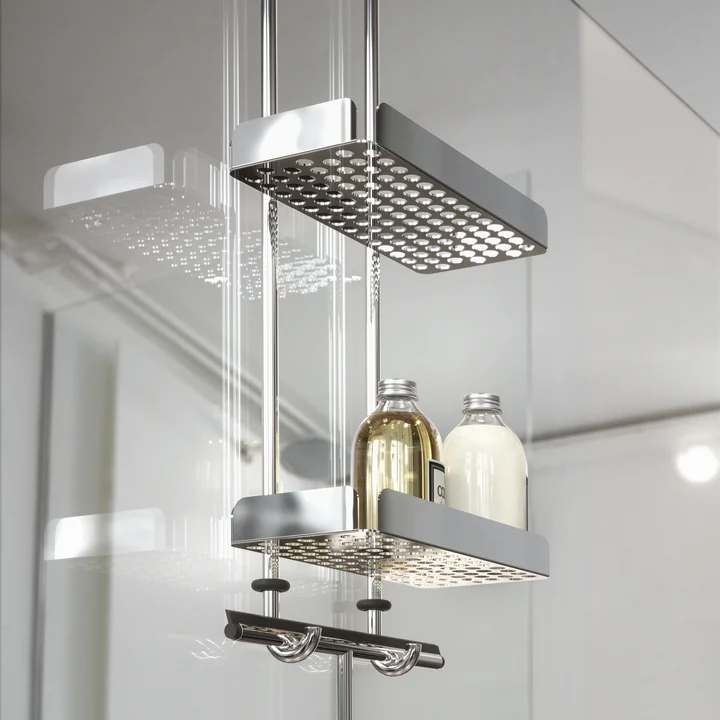 The Nova2 shower tray from Frost with shampoo and squeegee
