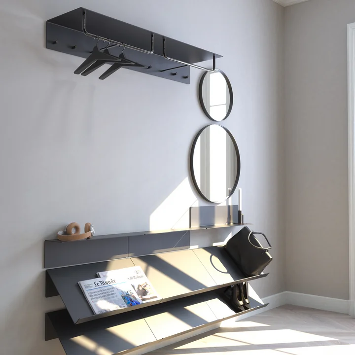 The Unu wall coat rack, coat hanger, shoe rack, wall mirror from Frost in the hallway