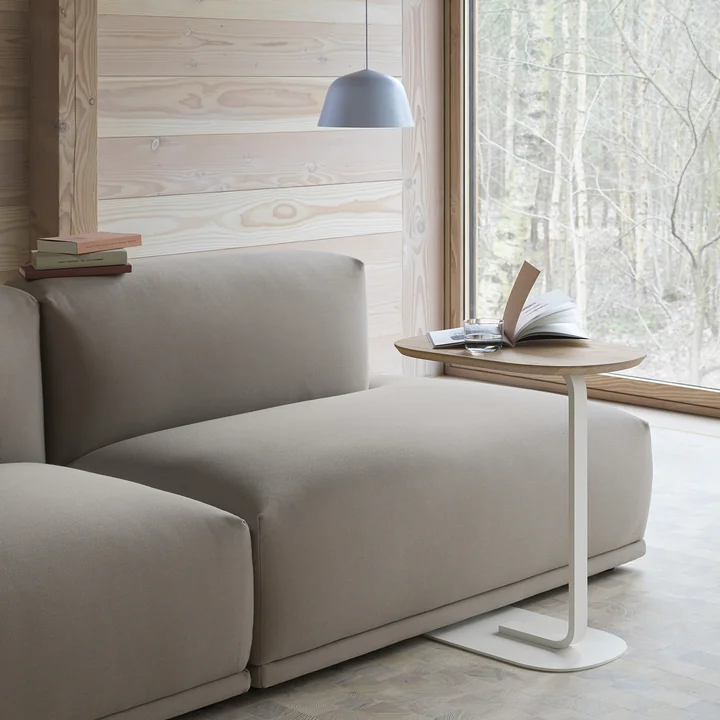 Ambit pendant lamp Ø 25 cm in light blue and Relate Side Table with the height 60 cm in oak / off-white from Muuto