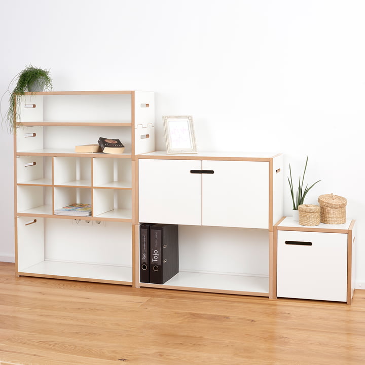 halbstark and high stacker shelving systems from Tojo in white