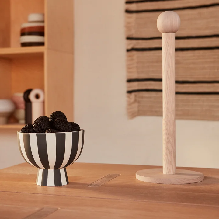 Toppu Bowl Ø 12.6 x H 10 cm in white / black and Inka kitchen roll holder from OYOY