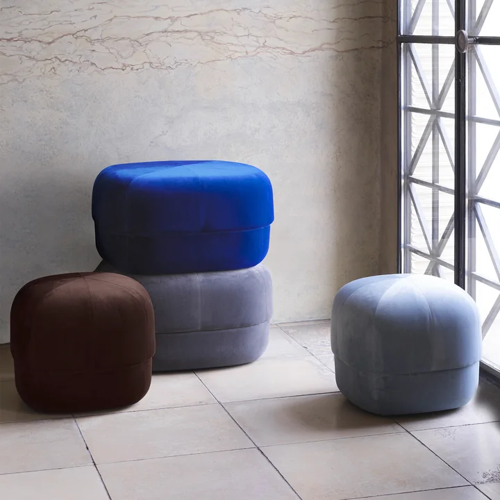 Circus Pouf from Normann Copenhagen in coffee velour and electric blue velour