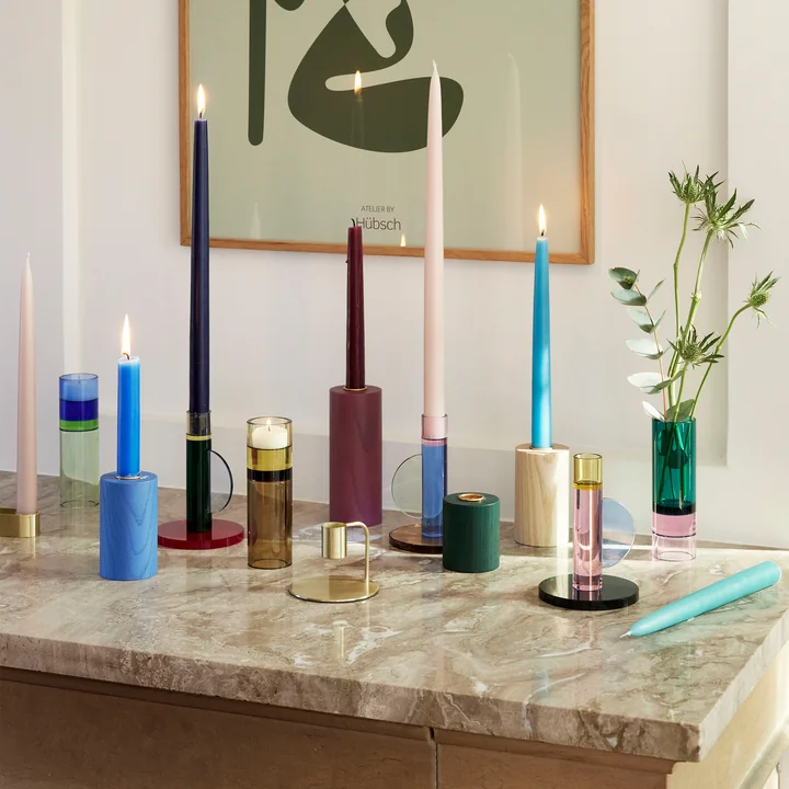 Colorful wooden candle holder in living room