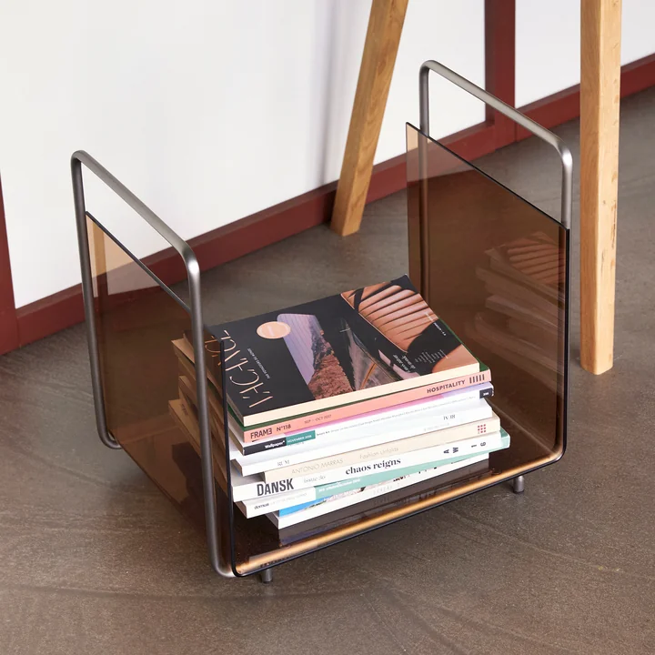 Noble magazine holder made of metal and glass