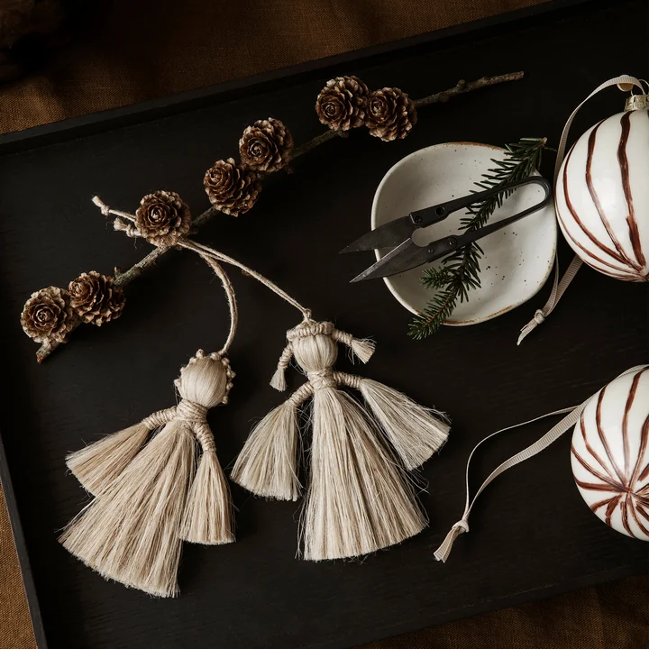 Jute pendant angel and Lines Christmas tree balls by Ferm Living
