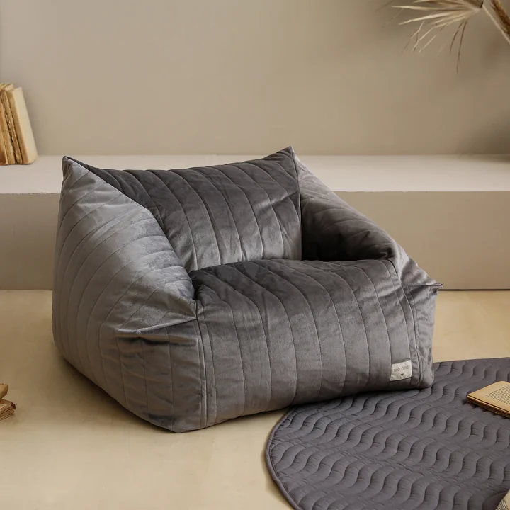Chelsea Velvet beanbag from Nobodinoz in the slate grey finish