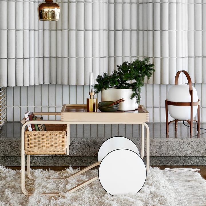 Riihitie planter, pendant lamp and serving trolley Tea Trolley by Artek