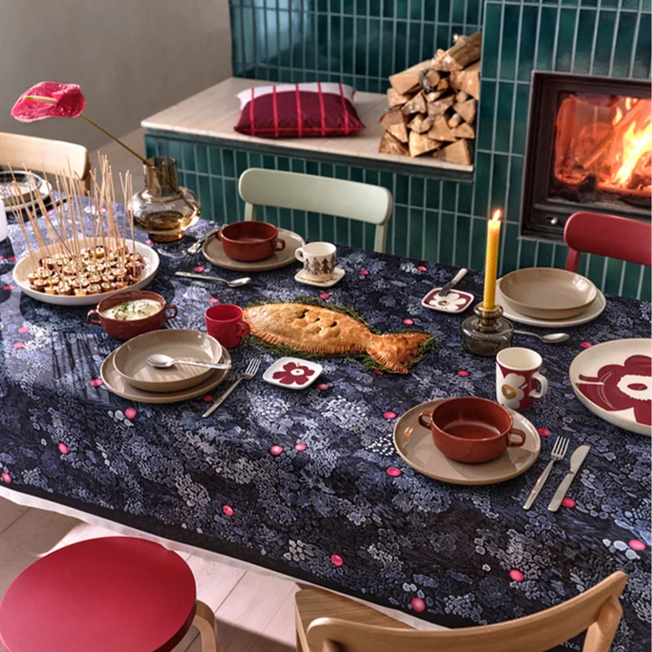 Oiva Juhla Unikko plate, Oiva Unikko Mug with handle and Tiiliskivi cushion cover by Marimekko