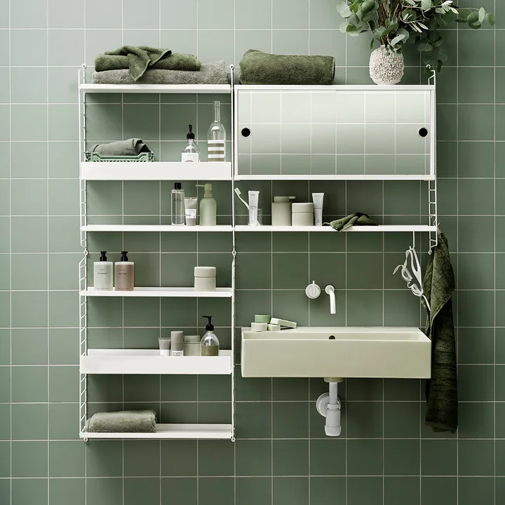 Bathroom wall shelf and cabinet module from String