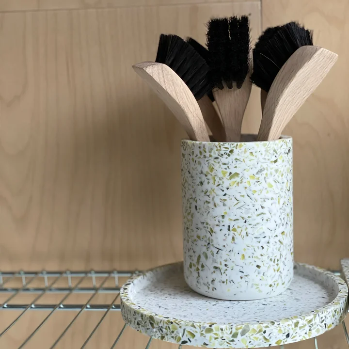 Sink brush and terrazzo toothbrush cup, tray from Humdakin