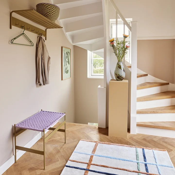 Peri bench in the color ocher / purple and the Fusion wall coat rack in the color ocher